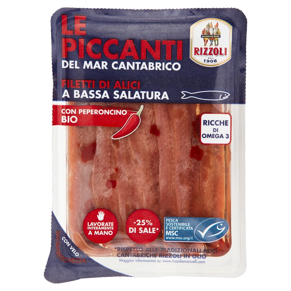 Rizzoli le Piccanti del Mar Cantabrico Filetti di Alici a Bassa Salatura con Peperoncino Bio 60 g